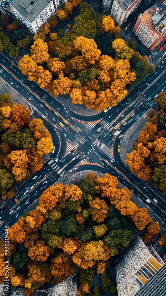 Poster aerial of a city intersection, where multiple roads converge, and traffic moves in synchronized patt