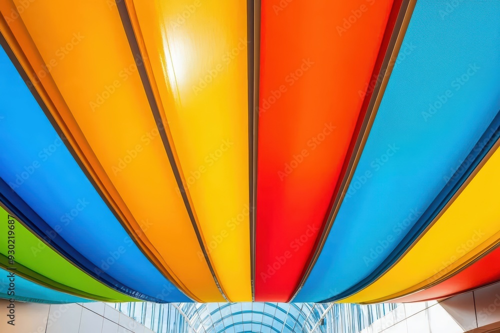 Poster vibrant and colorful overhead view of a series of smooth, curved panels displaying a spectrum of hue