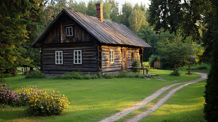 Fototapeta premium Log House Rural Accommodation - Cozy Wooden Cabin, Rustic Countryside Retreat, Traditional Log Structure, Nature Getaway, Charming Rural Lodging, Natural Timber Home
