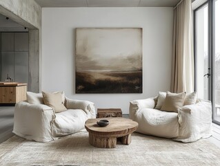 scandinavian living room two elegant armchairs face oversized art print on white wall natural light floods minimalist space highlighting clean lines and neutral palette