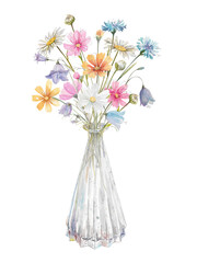 Drawn watercolor bouquet of bluebells, cornflowers, cosmea and chamomile in glass vase illustration