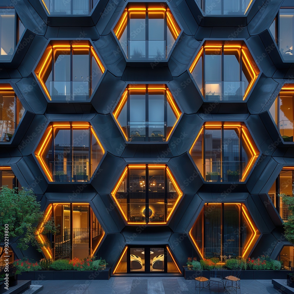 Poster modern building facade with hexagonal window design lit by warm yellow lights, creating a visually s