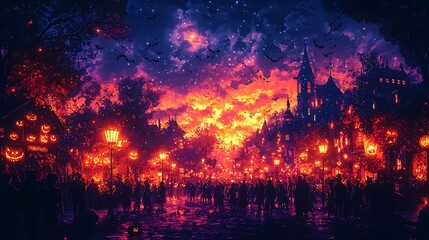 A high-detail illustration of a Halloween party with people in intricate costumes, surrounded by themed decorations like cobwebs, skeletons, and spooky lighting 