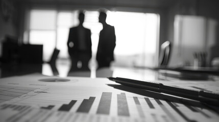 Black-and-white photograph of business charts on a table with a pen, a blurred office background with silhouettes of two men