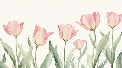 A watercolor illustration of pink tulips with green leaves on a light background.