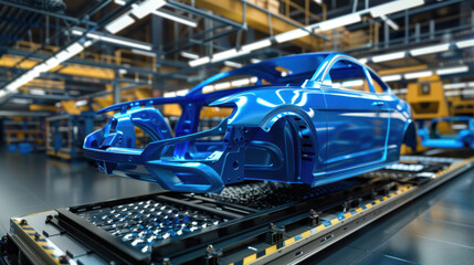Naklejka premium Blue car frame on the production line in a factory