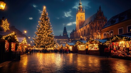 Fototapeta premium A festive evening in Krakow's Main Market Square, with a towering Christmas tree glowing brightly next to the iconic Cloth Hall, surrounded by holiday lights.