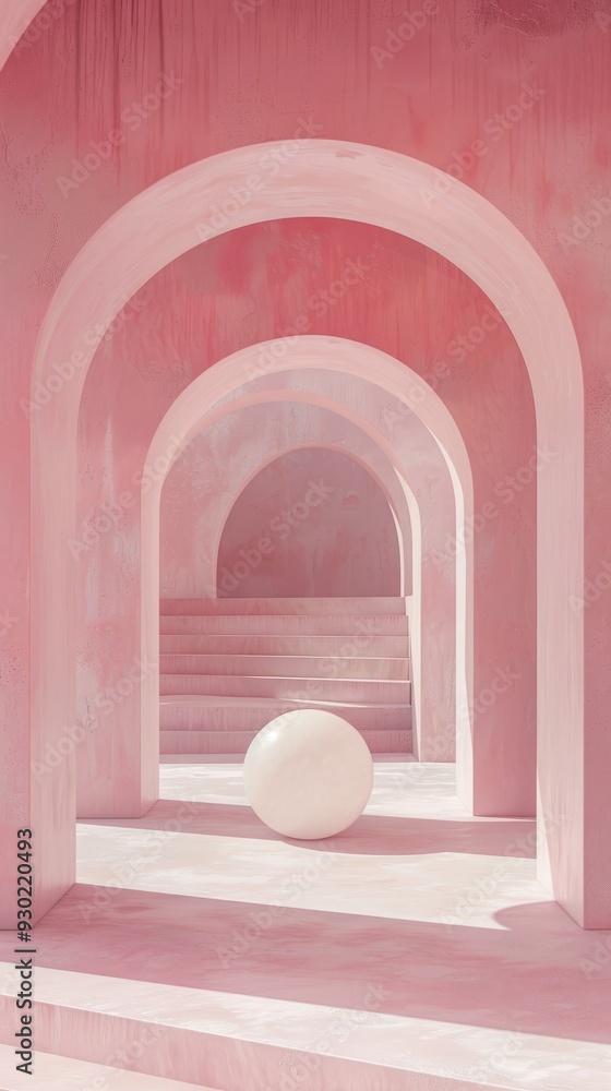 Poster a calm setting features a series of pink arches leading to stairs, with a singular ball positioned e