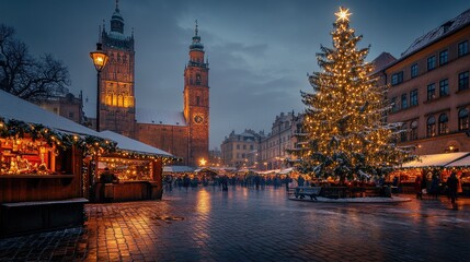 Fototapeta premium A festive holiday scene in Krakow, Poland, with the Cloth Hall and a beautifully lit Christmas tree on the Main Market Square, capturing the spirit of Christmas.