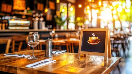 Warm and inviting restaurant interior with sunlight, a coffee sign, and elegant table settings ready for guests.
