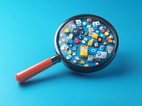 A magnifying glass over various colorful app icons, symbolizing searching and discovering digital content and applications.