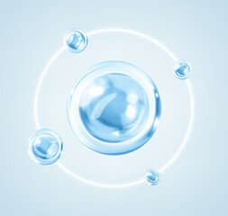 Collagen skin serum. Blue transparent liquid bubbles. Concept skin care cosmetics solution.