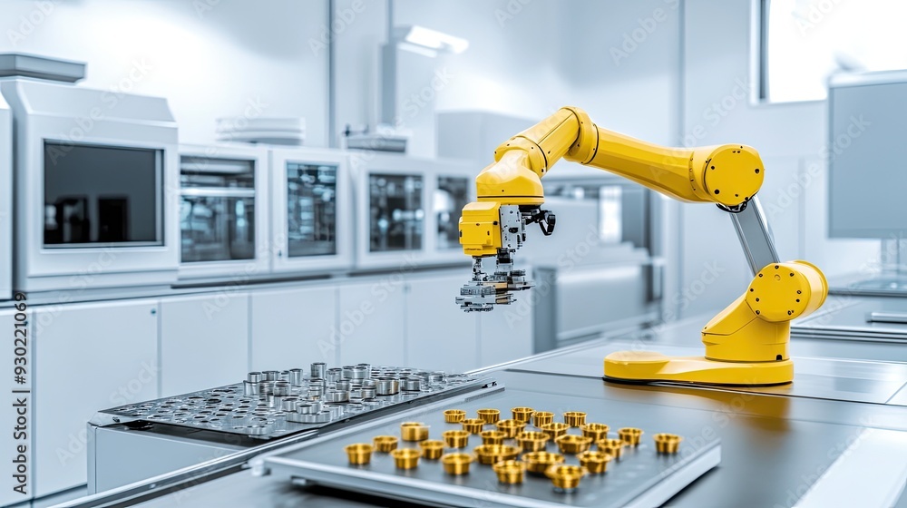 Poster a yellow robotic arm picks up electronic components and places them on a production line table in a 