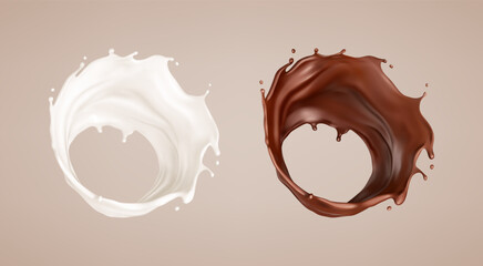 Milk and chocolate splash. Milkshake and melted brown choco. Realistic vector illustration