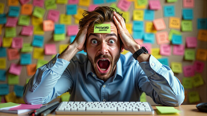 Frustrated man overwhelmed with sticky notes, holding his head with a password note stuck on his forehead, sitting at a cluttered office desk