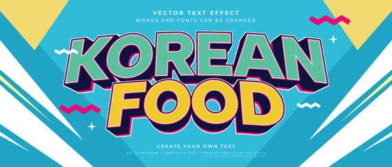 Korean food  text effect on blue background, 3d teal and yellow vector graphic style
