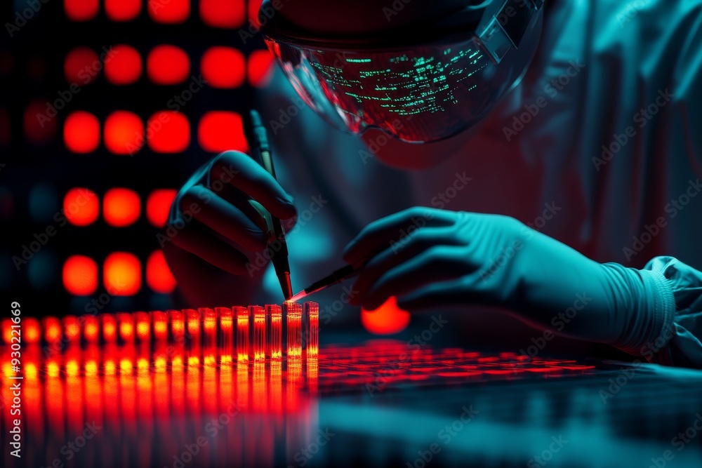 Poster scientist analyzing data in a modern lab highlighting the precision and care required in genetic res