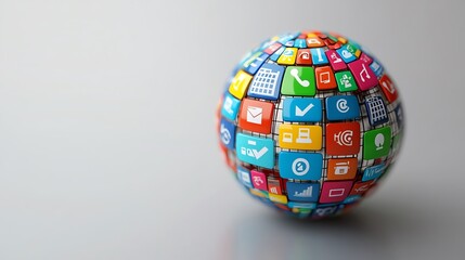 Colorful globe made of app icons representing global connectivity and digital innovation in technology.