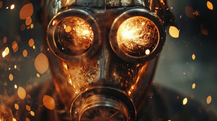 Welder's mask lit by bright sparks (focus on, safety in action, whimsical, Multilayer, Steel workshop)