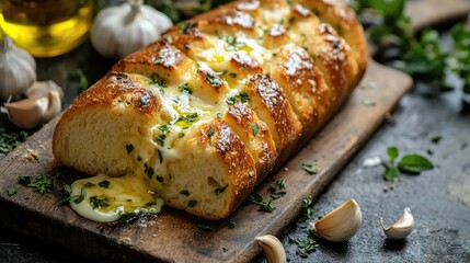 A garlic bread loaf, sliced and ready to serve, with melted butter and garlic oozing out, surrounded by fresh herbs and olive oil.