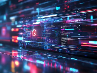 Fototapeta premium Futuristic digital interface displaying vibrant data streams and coding elements, perfect for technology or cyber themes.