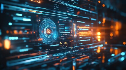 Fototapeta premium Futuristic digital interface with glowing elements and data visualizations, perfect for technology concepts and modern designs.