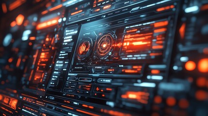 Obraz premium Futuristic digital interface with vibrant orange and blue elements, showcasing intricate data patterns and advanced technology.