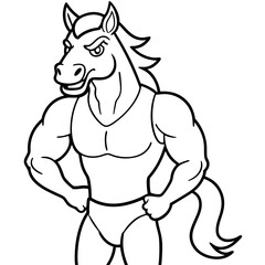 A ferocious horse athlete posing line art vector illustration