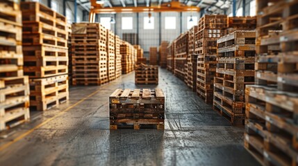 Wooden pallets and boxes in a large warehouse (copy space, storage capacity, vibrant, Blend mode, Commercial warehouse)
