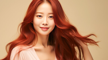 Fototapeta premium Portrait of a beautiful, sexy, smiling, happy Asian woman with long red hair and perfect skin, creamy beige background, banner.