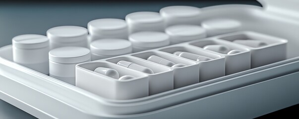 Fototapeta premium A close-up of white tablets and capsules neatly arranged in a modern pill organizer, symbolizing health and medication.