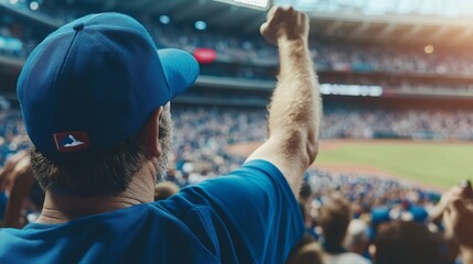 A baseball fan raises his arm in excitement amidst a crowd of cheering spectators at a bustling stadium. - Powered by Adobe