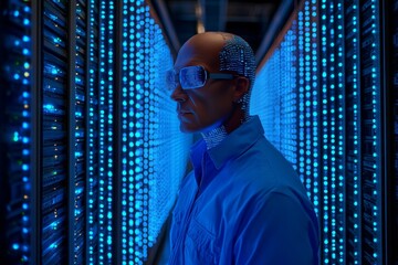 Fototapeta premium Futuristic human with cyber enhancements analyzing data in a high tech environment representing the convergence of biology and technology
