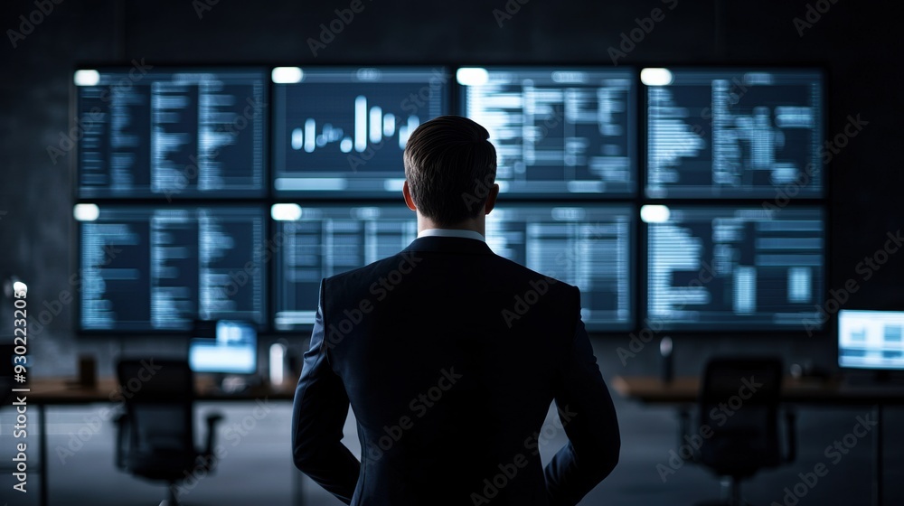 Aufkleber a focused businessman analyzing data on multiple screens in a modern office. professionalism and tec