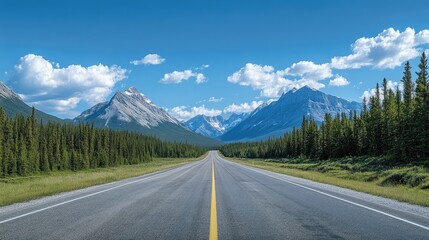 Fototapeta premium A scenic highway with mountain ranges in the background, under a pristine, cloudless sky.