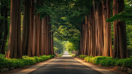 Verdant Sanctuary: The lush and beautiful metasequoia tree-lined road in Damyang, Korea, offering a tranquil sanctuary amidst towering trees.
