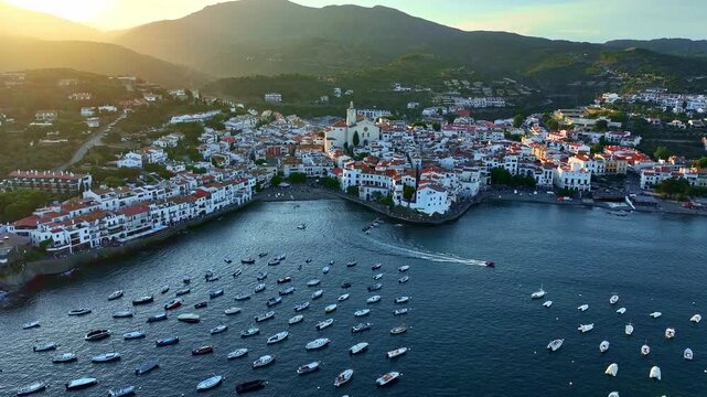 Sunset in Mediterranean Spanish coastal town of Cadaques. Small tourist village on the Costa Brava. Aerial view of the beach and the bay in Spain at sunset