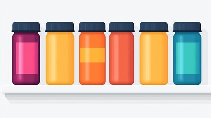 A colorful display of jars on a shelf, showcasing various vibrant colors and designs, perfect for packaging or product projects.