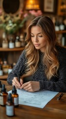 Fototapeta premium A woman sitting at a table writing on a piece of paper