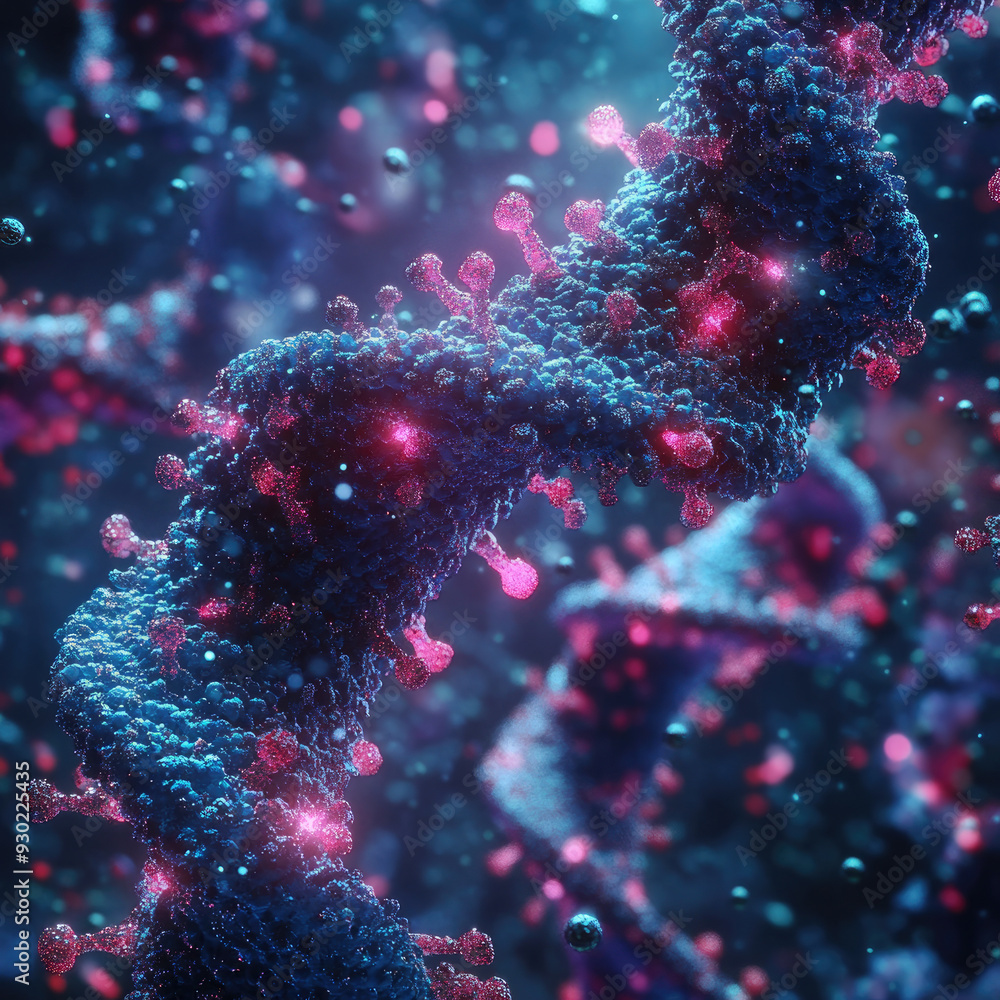 Poster close-up view of a dna strand forming, with its intricate double helix structure, providing a visual