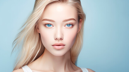 Naklejka premium Portrait of a beautiful, sexy, smiling, happy blonde Asian woman with perfect skin, light blue background, banner.
