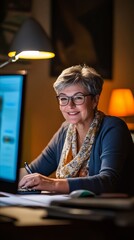 A woman sitting at a desk in front of a computer
