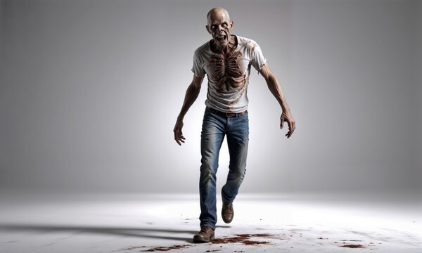 A zombie wearing a white shirt and jeans is casually walking along