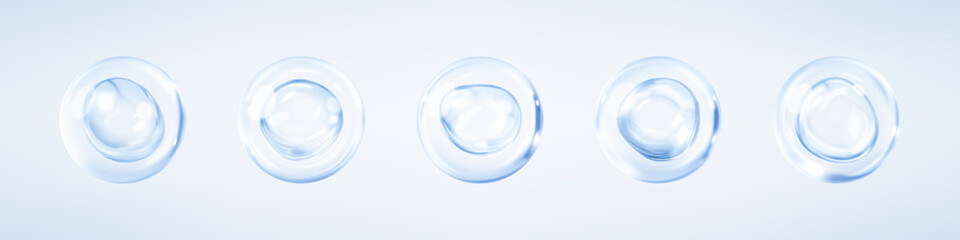 Transparent blue liquid bubbles. Collagen serum bubbles. Cosmetic essence. Concept skin care cosmetics solution. Vector 3d illustration