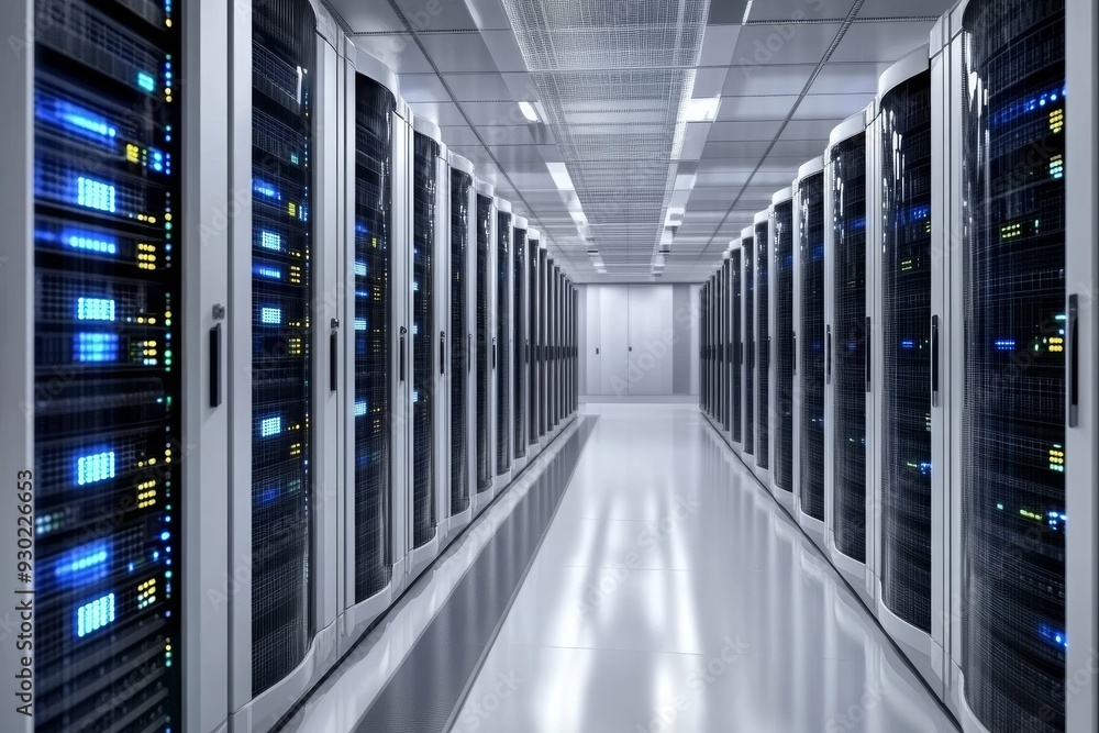 Poster pristine server room corridor with glowing blue lights symbolizing advanced digital infrastructure d