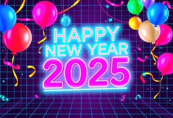 80s inspired with neon colors, grid patterns, and a futuristic, retro feel, text 'Happy New Year 2025' in retro style with colorful balloons and streamers, set against a cheerful party atmosphere, ai