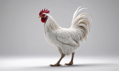 Fototapeta premium A white rooster with a vibrant red crest is standing on a clean white surface