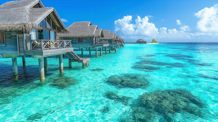 Obraz premium beautiful hotel houses on pillars over turquoise water in the Maldives. 