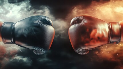 3D render of boxing gloves fighting on dark background with smoke