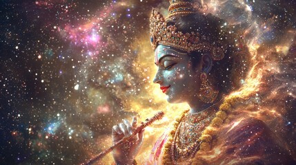 Lord Krishna Playing the Flute in a Mystical Cosmic Universe
